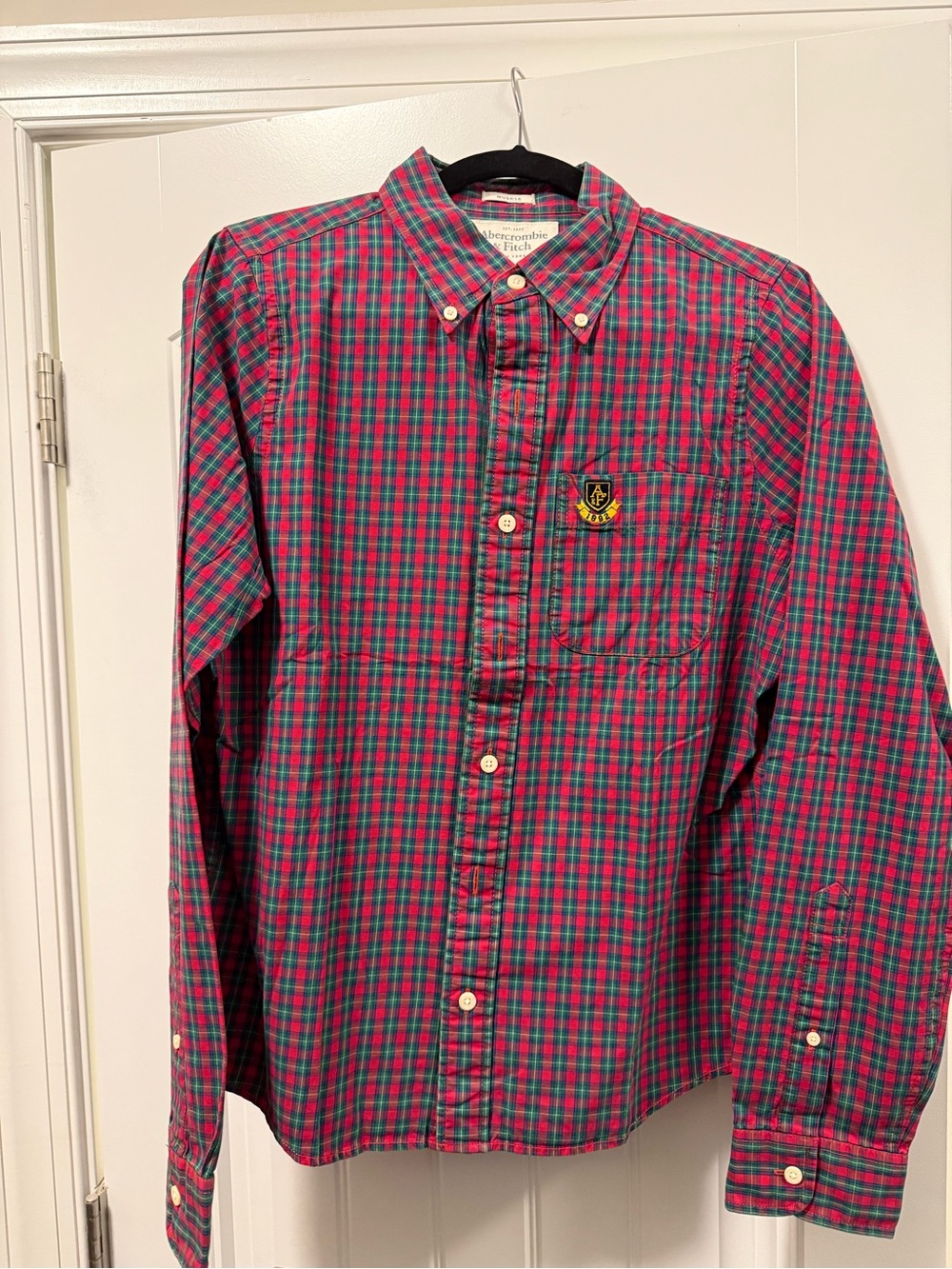 Abercrombie & Fitch Red and Green Plaid Button-Down Shirt